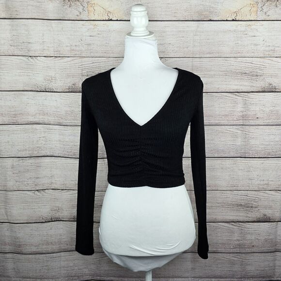 Zara Long Sleeve Crop Ribbed Black Basic Top Shirt Small - Picture 1 of 8